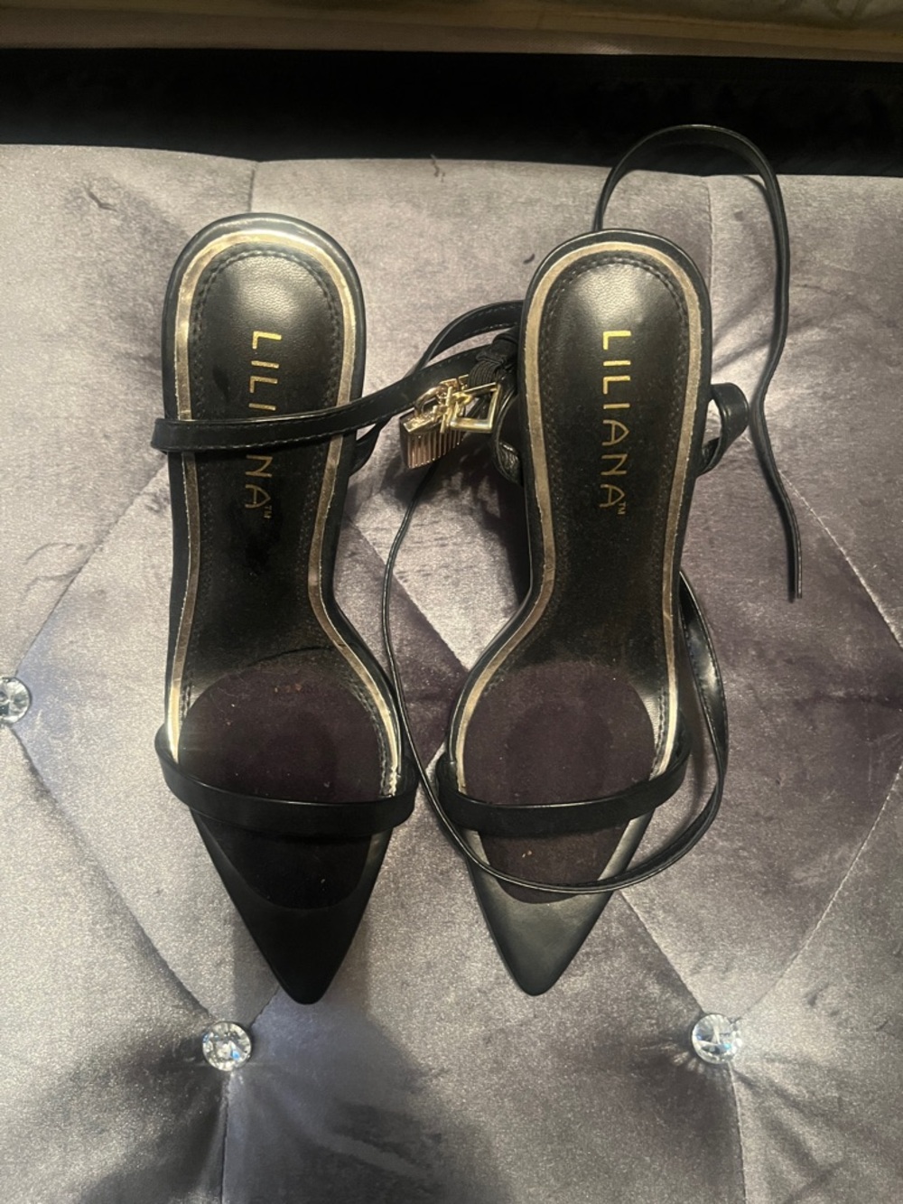 Liliana Black Pointed Toe Ankle Strap Heels with Gold Accents